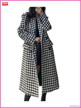 Womens Houndstooth Trench Coat Winter Long Overcoat Pea Coat